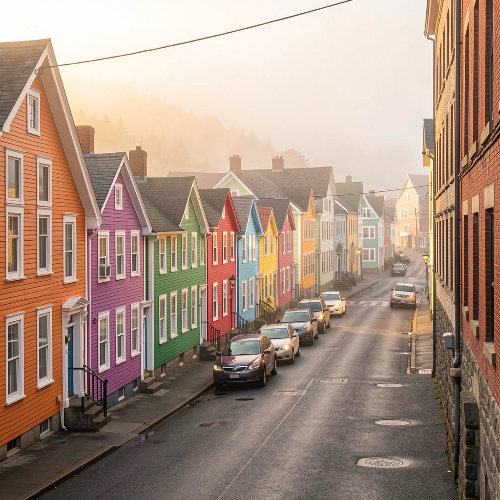 Colourful jellybean row houses on a steep street in downtown St. John's, morning fog lifting