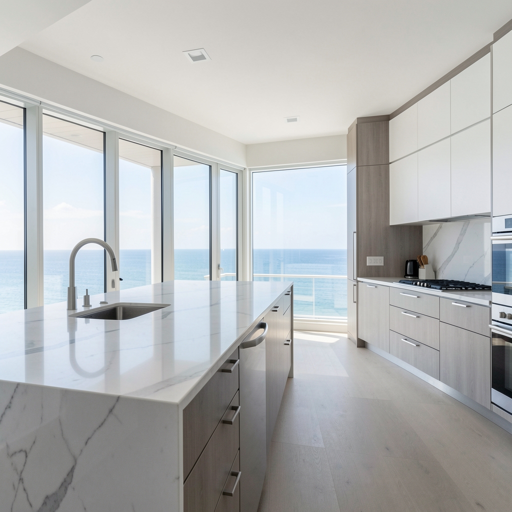 Bright modern kitchen interior with ocean glimpse through large windows