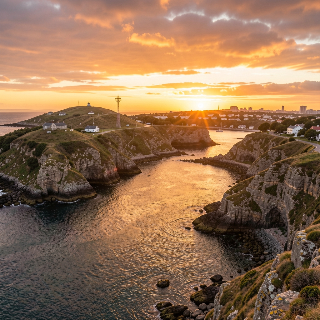 Sunset over Signal Hill and the Narrows, harbour water glowing gold
