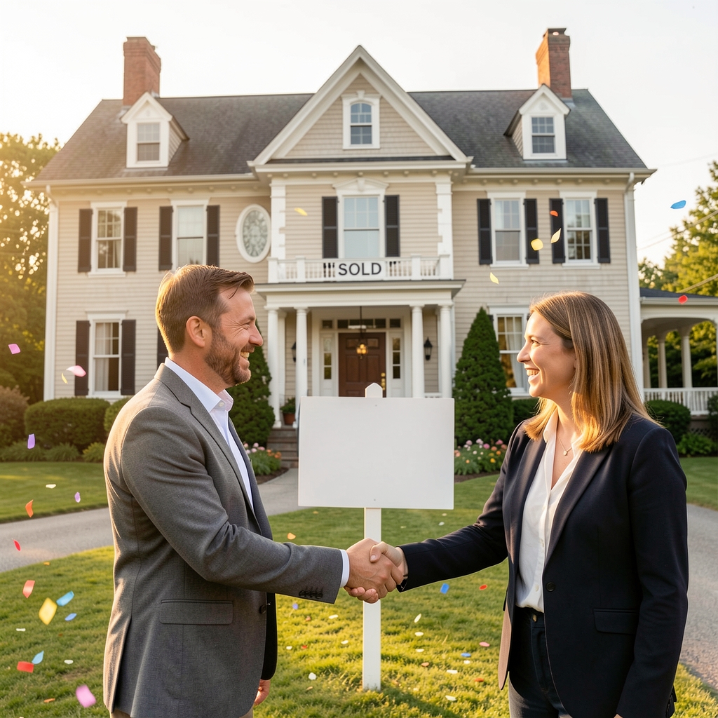 Handshake between two people in front of a stately Newfoundland home